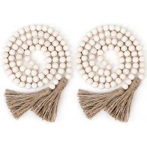 Rustic Boho Farmhouse Cream Wood Beads Tie Tassel Garland Home Table DiningDecor